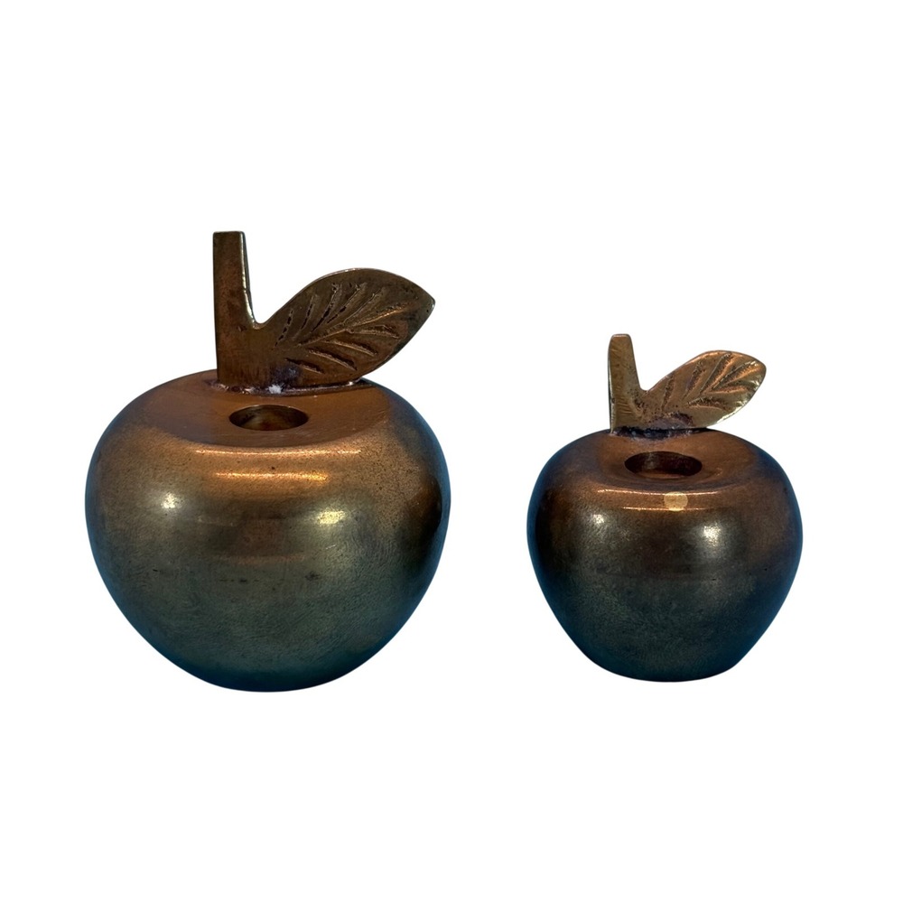 VTG Brass Apple Candle Holder 2 Pc Set Home Decor Gold Metal Fruit Made in India